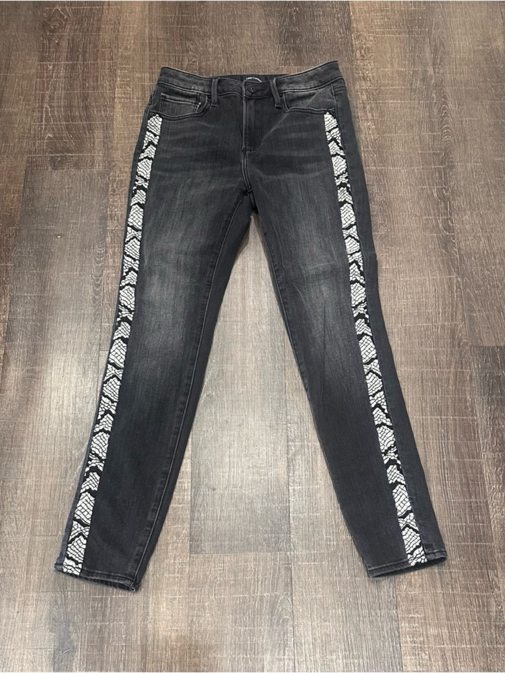 DRIFTWOOD Black Skinny Jeans with White Snake-Print Side Panels Size 25